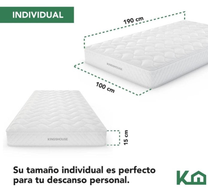 Set Colchon Individual alta densidad hipoalergénico antiacaros KingsHouse + Almohada Ortopédica Cervical Memory Blanca