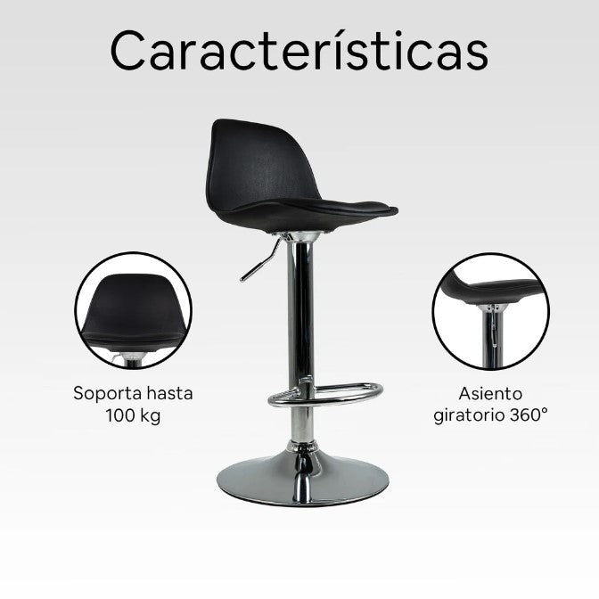 Silla Alta para Barra de Bar Giratoria Con Reposapiés Y Respaldo Medio Color Negro - Set de 2 Piezas