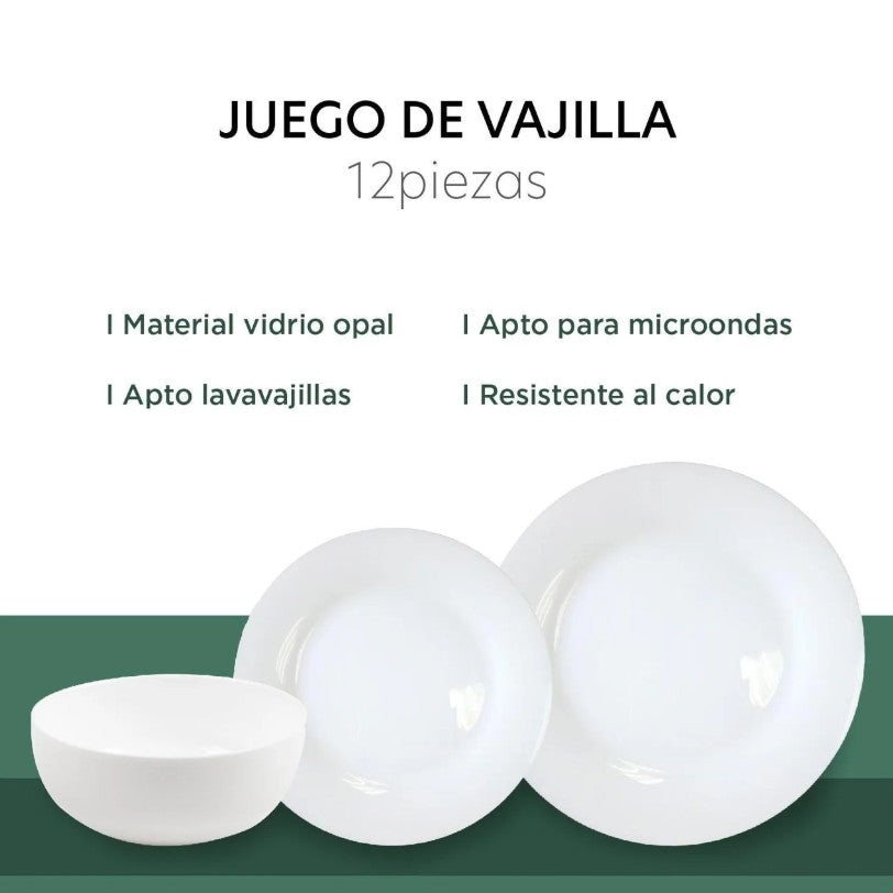 Vajilla 12 Piezas de Opal Blanca para 4 Personas KingsHouse