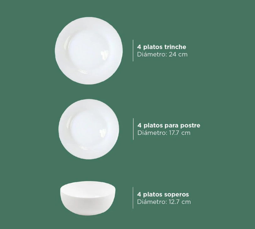 Vajilla 12 Piezas de Opal Blanca para 4 Personas KingsHouse