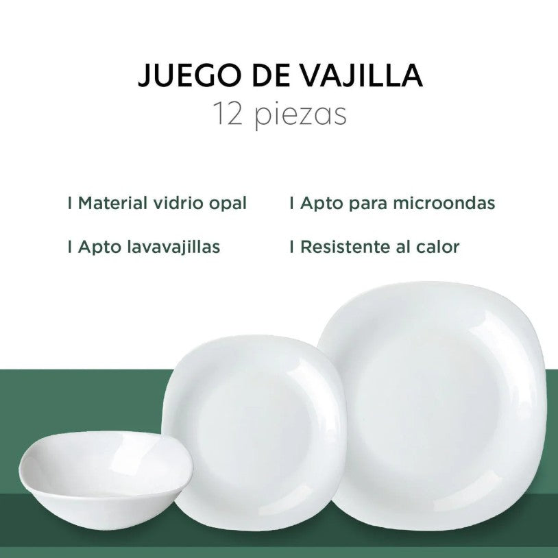 Vajilla 12 Piezas de Opal Cuadrada para 4 Personas KingsHouse