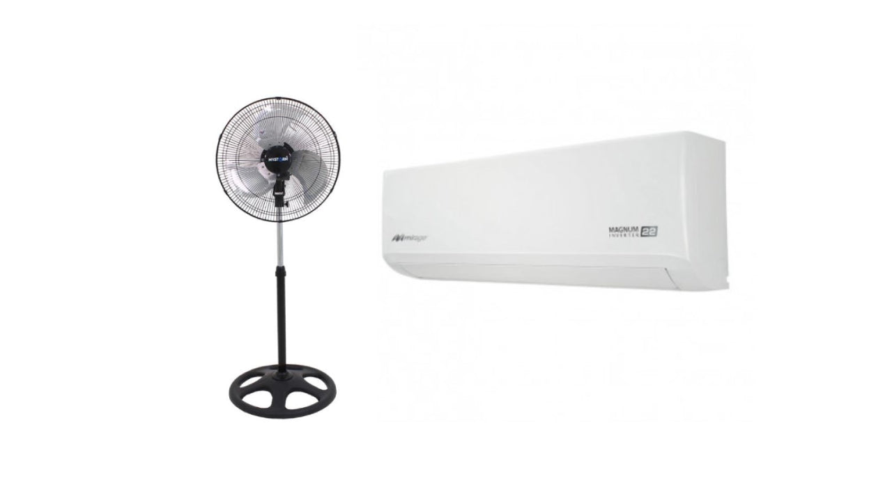 Combo 2 en 1: Aire Acondicionado Mini Split Mirage + Ventilador de Pedestal 18” MYSTORM