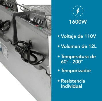 Freidora Doble de Aceite Eléctrica Industrial 12L en Acero Inoxidable – 1.6 kW / 110V