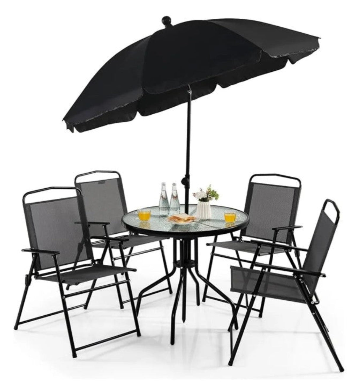 Set de Jardín OLIVA con 4 Sillas Plegables, Mesa Redonda de Cristal y Sombrilla