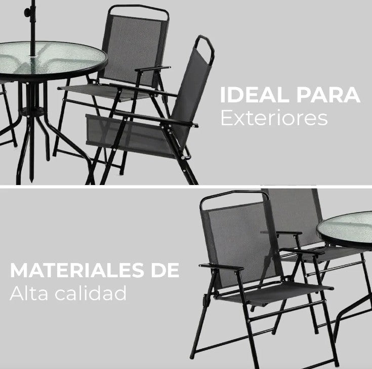 Set de Jardín OLIVA con 4 Sillas Plegables, Mesa Redonda de Cristal y Sombrilla