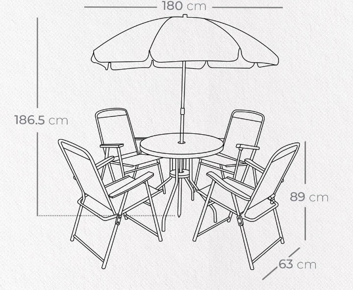 Set de Jardín OLIVA con 4 Sillas Plegables, Mesa Redonda de Cristal y Sombrilla