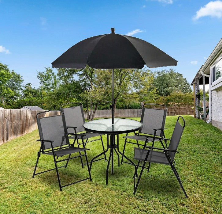 Set de Jardín OLIVA con 4 Sillas Plegables, Mesa Redonda de Cristal y Sombrilla
