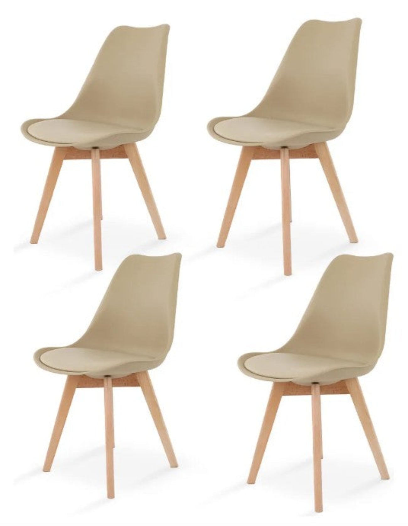 Set 4 Sillas de Comedor Beige | Asiento Ergonómico y Base de Madera Estilo Escandinavo