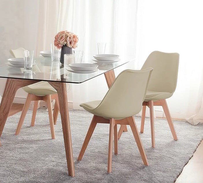 Set 4 Sillas de Comedor Beige | Asiento Ergonómico y Base de Madera Estilo Escandinavo