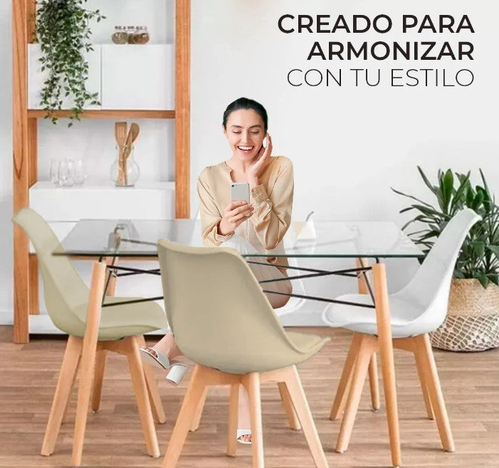 Set 4 Sillas de Comedor Beige | Asiento Ergonómico y Base de Madera Estilo Escandinavo