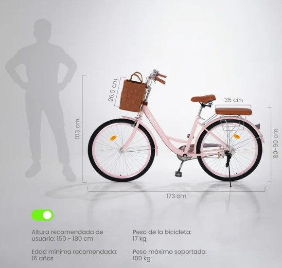 Bicicleta Urbana VINTA R26 Rosa con Canastilla