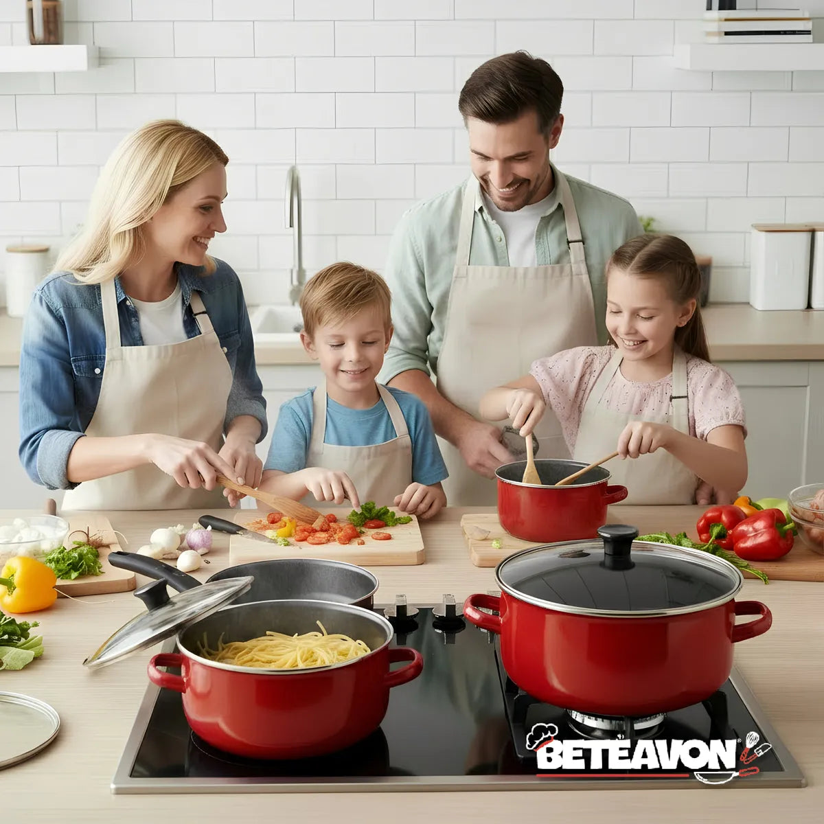 Set De 5 Ollas De Peltre Color Rojo