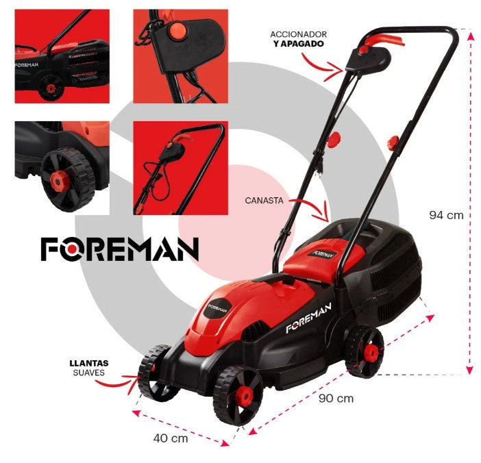 Podadora de Césped Foreman 1200W Eléctrica Rojo con Negro