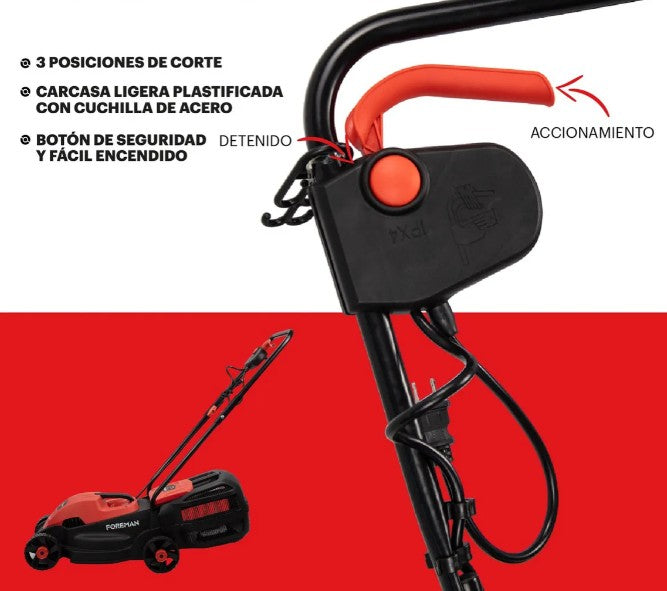 Podadora de Césped Foreman 1200W Eléctrica Rojo con Negro