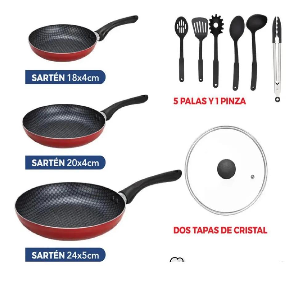 Batería De Cocina Juego Sartenes 17 piezas Antiadherente Rojo