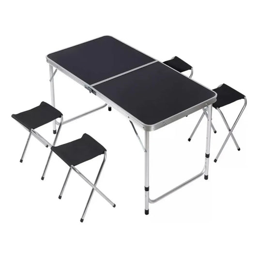 Mesa plegable negra tipo portafolio de 120x60 cm con 4 bancos