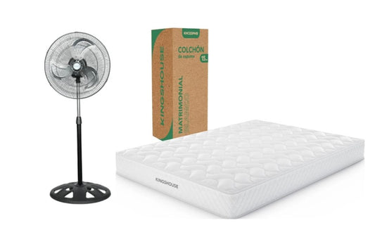 KIT Colchon Matrimonial Alta Densidad Hipoalergenico Antiacaros KingsHouse + Ventilador De Pedestal TecnoVent de 20 Pulgadas