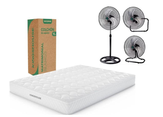 KIT Colchon Matrimonial Alta Densidad Hipoalergenico Antiacaros KingsHouse + Ventilador De Pedestal NOVOLINE 18 Pulgadas 3 En 1