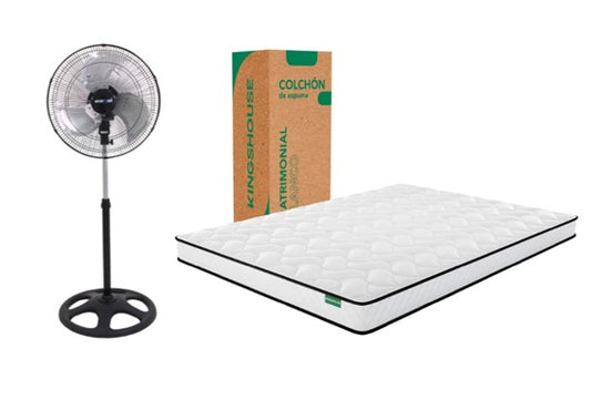 KIT Colchón Matrimonial En Caja De Alto Memory Foam Espuma Kinghouse + Ventilador De Pedestal MYSTORM de 18 Pulgadas