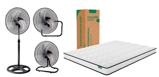 KIT Colchón Matrimonial En Caja De Alto Memory Foam Espuma Kinghouse + Ventilador De Pedestal NOVOLINE 18 Pulgadas 3 En 1