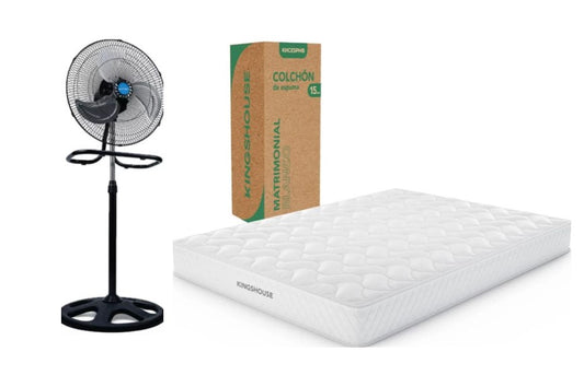 KIT Colchon Matrimonial Alta Densidad Hipoalergenico Antiacaros KingsHouse + Ventilador De Pedestal ANTEK 95W18 Pulgadas 3 En 1