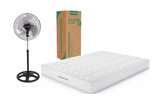 KIT Colchon Matrimonial Alta Densidad Hipoalergenico Antiacaros KingsHouse + Ventilador De Pedestal MYSTORM de 18 Pulgadas