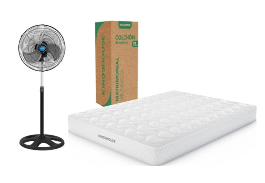 KIT Colchon Matrimonial Alta Densidad Hipoalergenico Antiacaros KingsHouse + Ventilador De Pedestal ANTEK  85W 18 Pulgadas 3 En 1