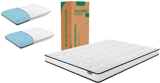 Set De Colchón Matrimonial En Caja De Alto Memory Foam Espuma Kinghouse + Almohadas Memory Foam 2 En 1 Bluecooling Gel y Graphite Carbon