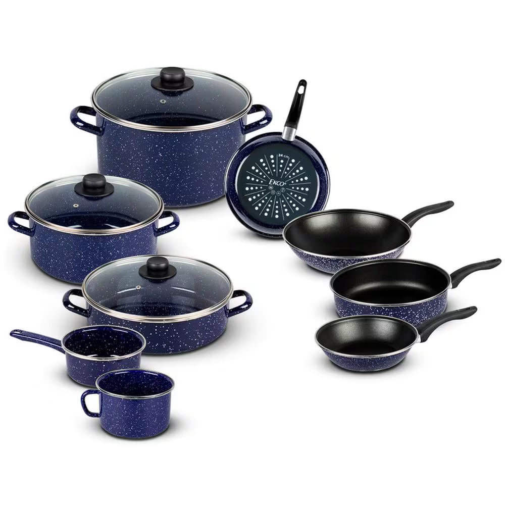 Batería de Cocina Ekco 28855 de Acero Esmaltado Antiadherente, 12 Piezas, Azul