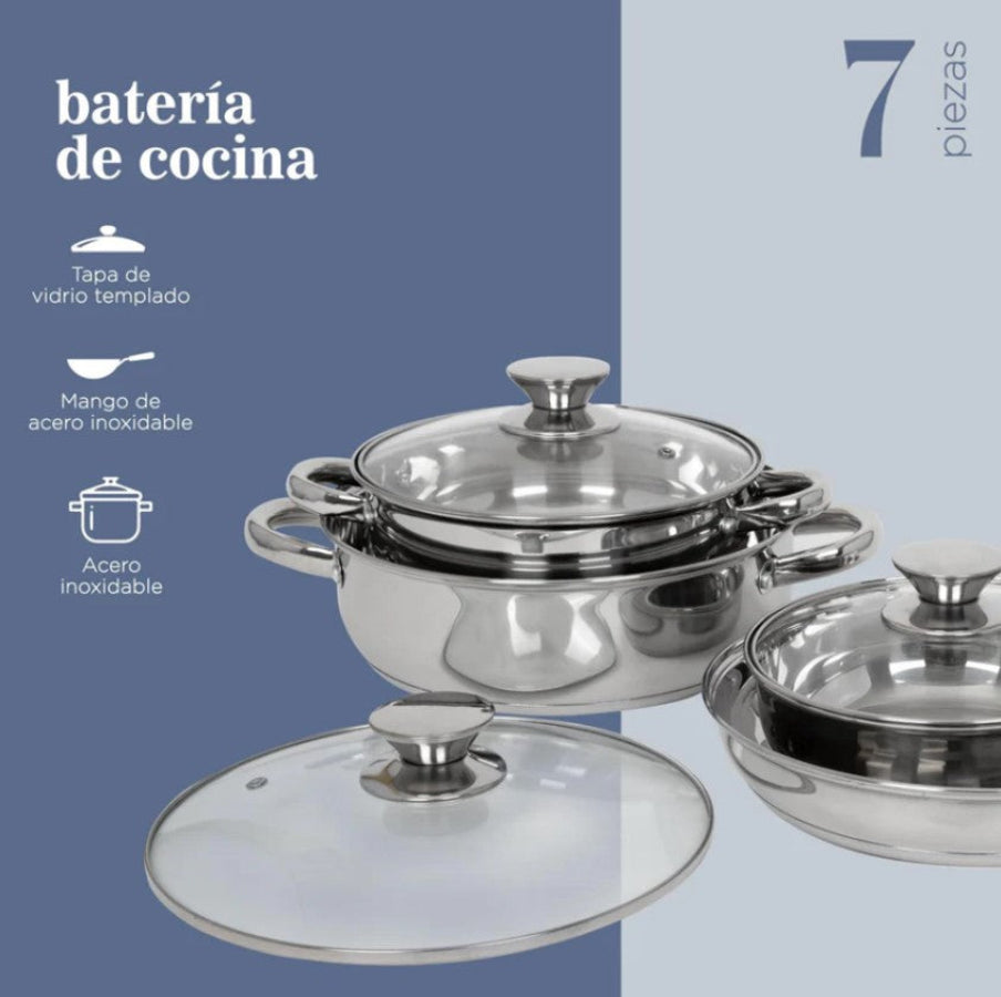 Batería De Cocina De Acero Inoxidable Con Tricapa De 7 Piezas Colorhome