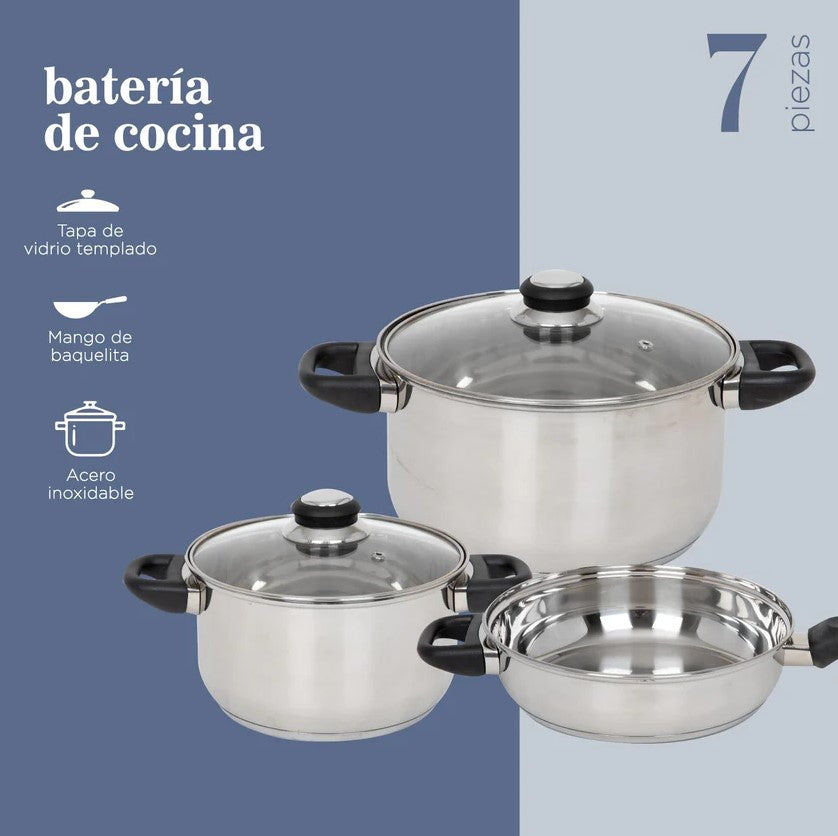 Batería De Cocina De Acero Inoxidable Con Tricapa De 7 Piezas Negro Colorhome