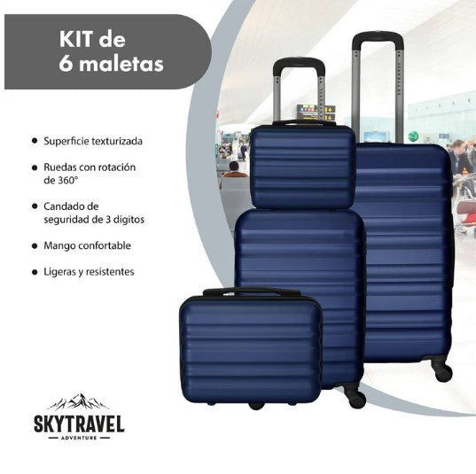 Set De 6 Maletas De Viaje Abs Con Candado Antirrobo 4 Ruedas 360 Azul SKYTRAVEL