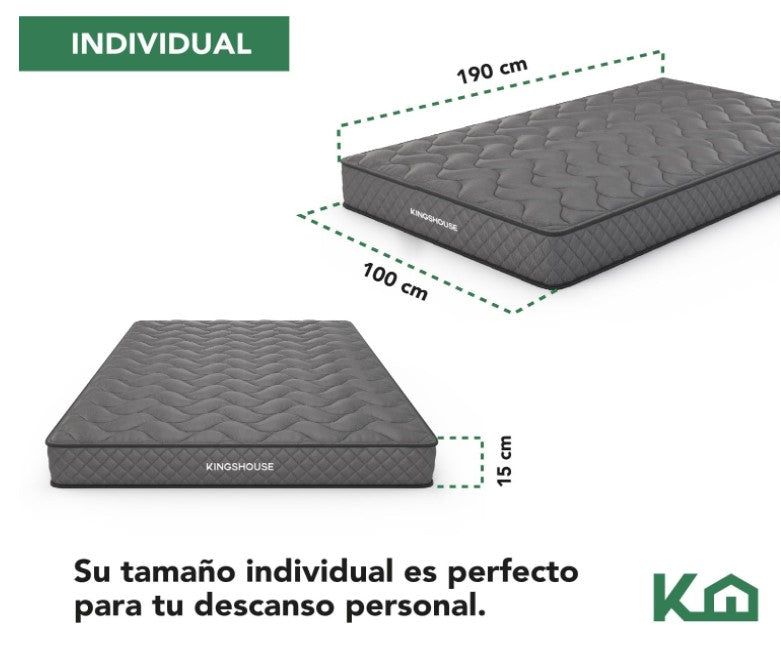 Colchon Individual De Alta Densidad, Antiacaros e Hipoalergenico Gris Kingshouse