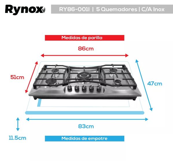 Parrilla Empotrable Premium de Gas con 5 Quemadores RYNOX de Acero Inoxidable MK
