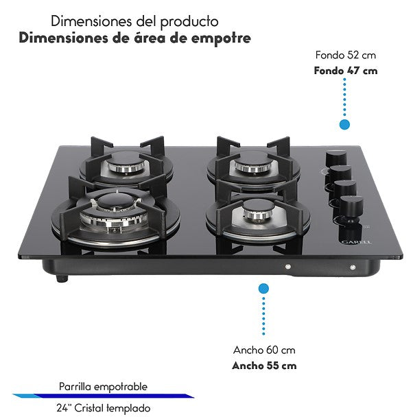 Parrilla Empotrable de Gas 4 Quemadores Crital Templado MK