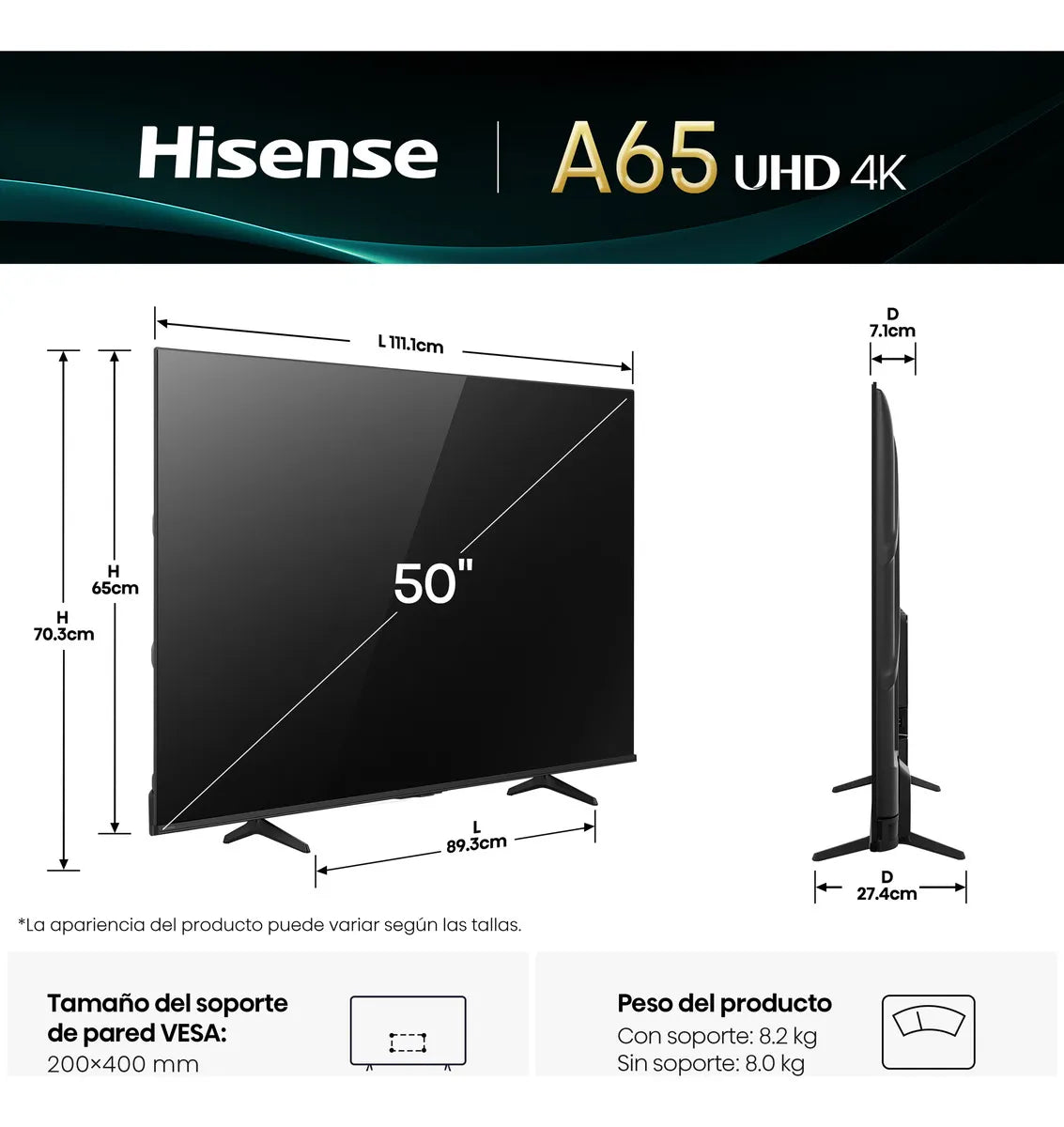 Televisión Hisense 50 Pulgadas Smart TV LED 4K UHD con Dolby Vision y WiFi