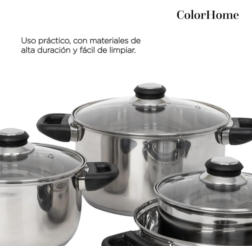 Batería De Cocina De Acero Inoxidable Con Tricapa De 7 Piezas Negro Colorhome