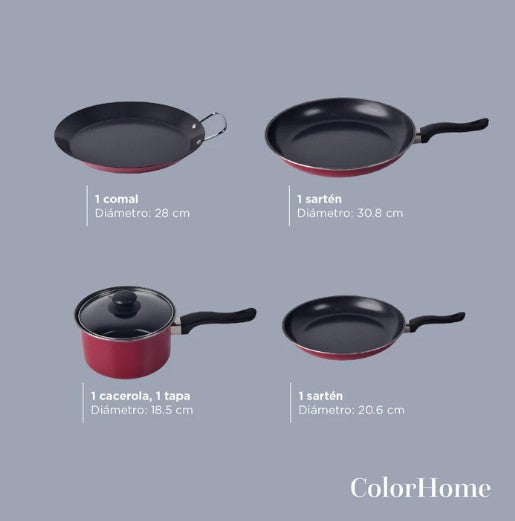 Bateria de Cocina De Sartenes De Acero Con Antiadherente De 38 Piezas COLORHOME