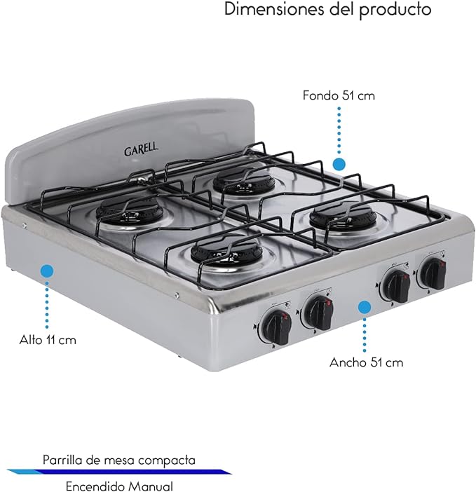 Parrilla de Gas Estufa 4 quemadores Acero Inoxidable