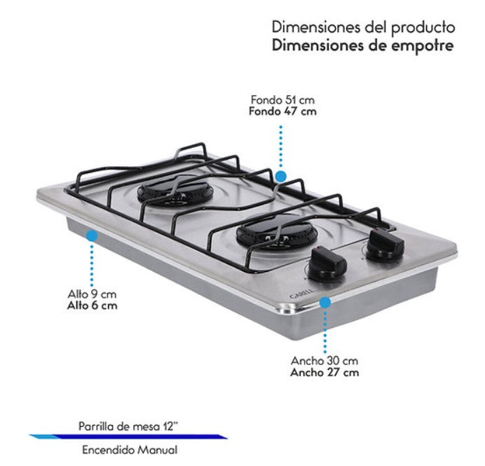 Parrilla Empotrable de Gas 2 Quemadores Inox Encendido Manual