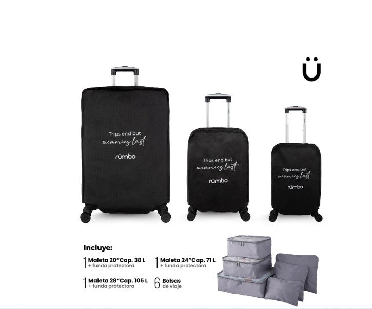 Juego de 3 Maletas de Viaje Rigidas Con Ruedas 360 + Bolsas De Viaje
