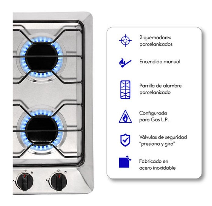 Parrilla Empotrable de Gas 2 Quemadores Inox Encendido Manual