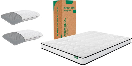 Set De Colchón Matrimonial En Caja De Alto Memory Foam Espuma Kinghouse + Almohadas Memory Foam Queen Con Graphite Carbón Viscoelástica