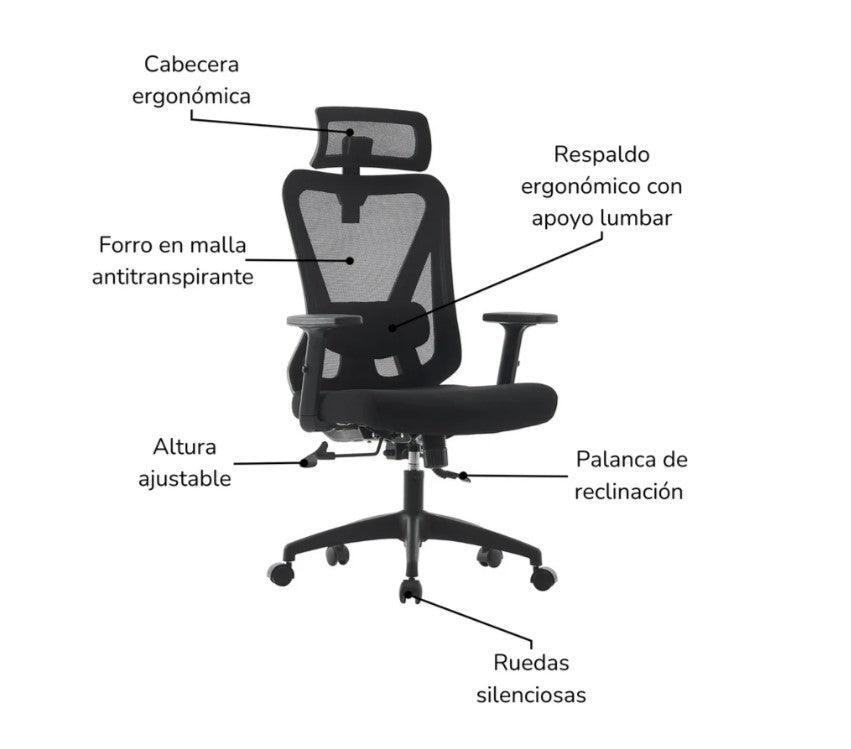 Silla de Oficina Ergonómica Reclinable con Cabecera