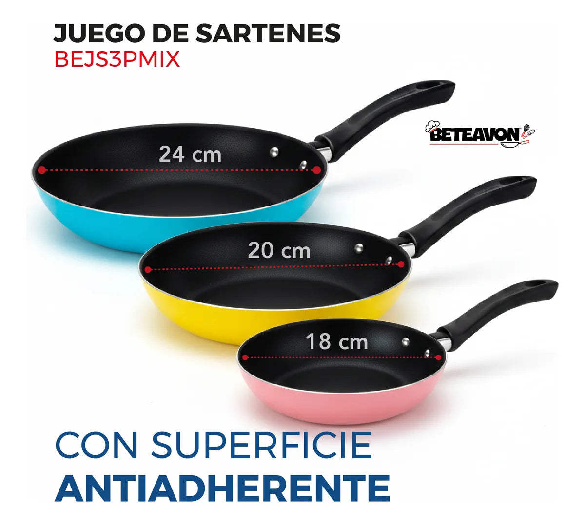 Juego de 3 Sartenes de Aluminio Antiadherente en Colores – 18, 20 y 24 cm