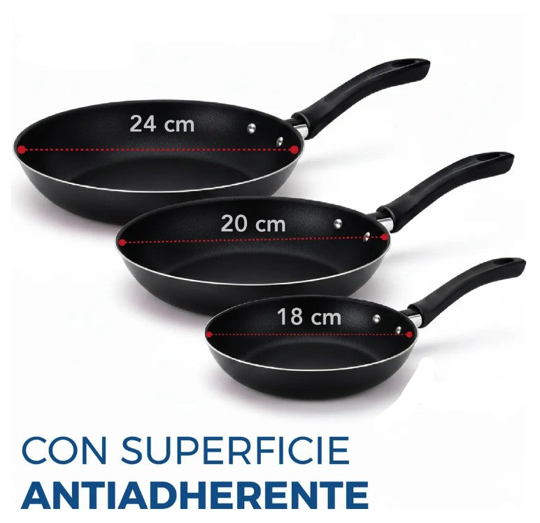 Juego de 3 Sartenes de Aluminio Antiadherente en Color Negro – 18, 20 y 24 cm