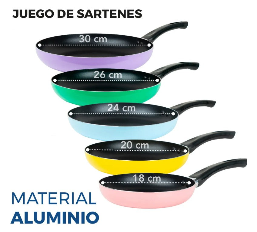 Juego de 5 Sartenes de Aluminio en Colores – 18, 20, 24, 26 y 30 cm