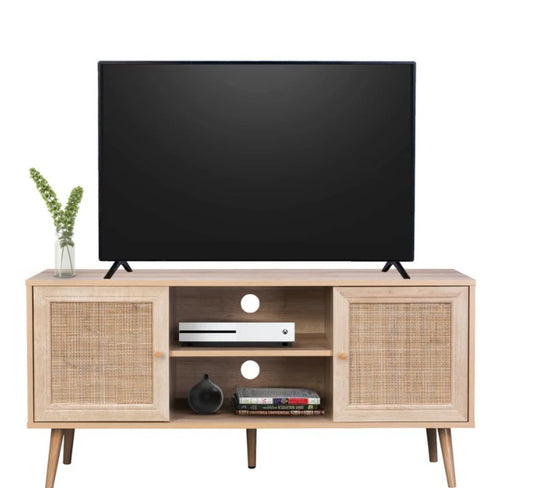 Mueble para TV con Estantes y Puertas de Ratán