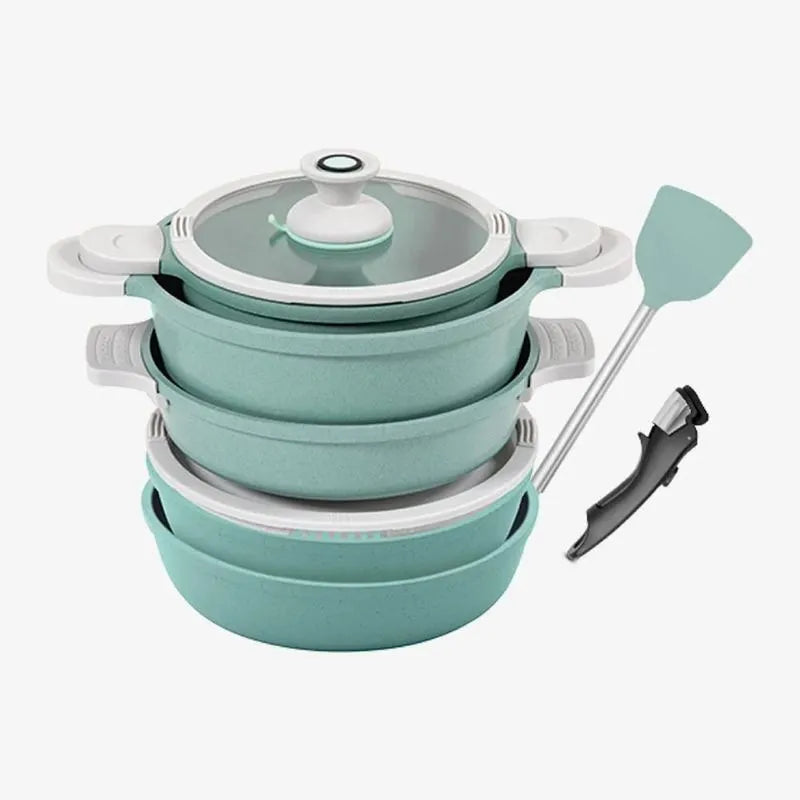 Batería de Cocina 10 Piezas con Diseño Apilable y Pomo Removible