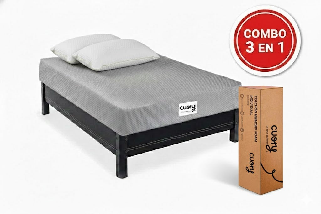 Combo Colchon Individual Memory Gris Funda Lavable Con Almohada Super Visco 2 piezas